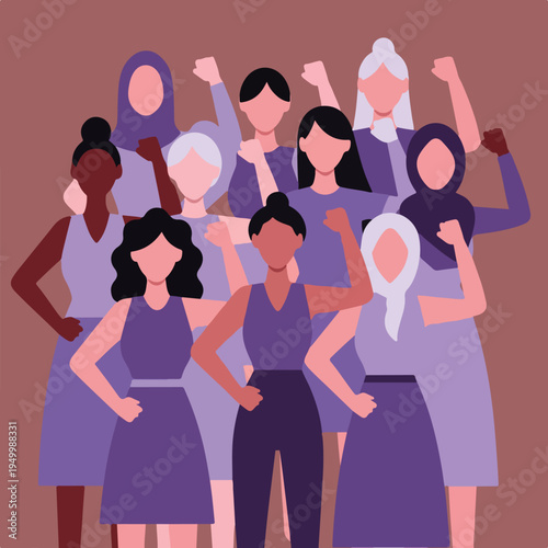 modern flat vector illustration of strong confident women standing together raising fists, international women's day concept,.eps