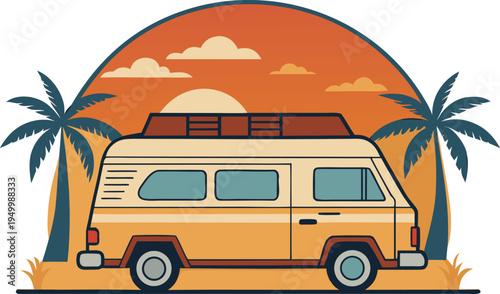 retro travel van and beach sunset. camping trip, summer holiday, and tropical vacation