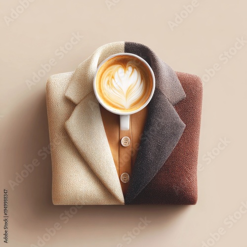 Creative surreal fusion of a tailored blazer and a cup of latte art coffee, coffee lover fashion concept.