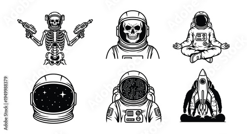 Silhouettes of astronauts in various poses and space suits