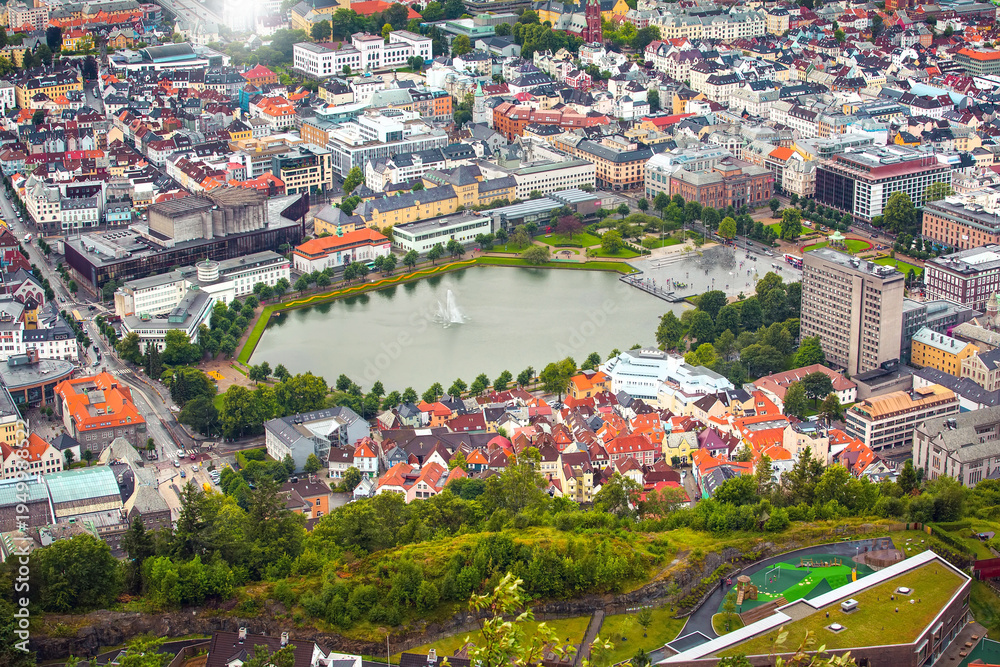Fototapeta premium Bergen, Norway aerial view with colorful houses