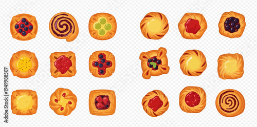 Set of delicious danish pastries with various fruit and berry fillings, top view illustration.