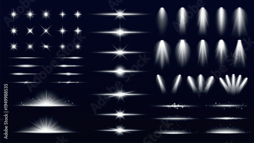 A collection of light effects including stars, beams, and sparkles. Light beams and sparkles create a dazzling, bright effect. Stars and beams shine brightly. Overlay effect vector element set.
