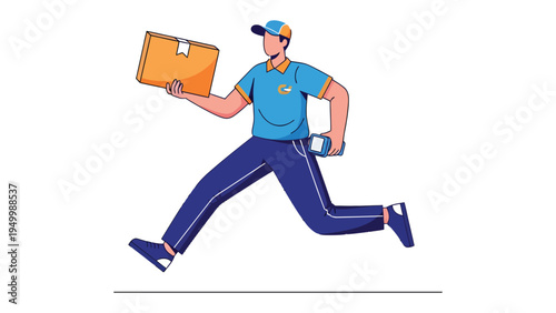 Fast Delivery: A dynamic delivery person, clad in a company uniform, swiftly sprints forward, carrying a package and document, illustrating efficiency and the speed of service.