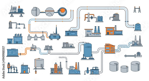 Detailed Schematic Diagram of an Industrial Plant and Processes.