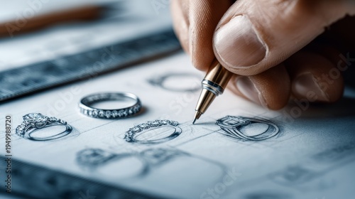 Close-up of a hand drawing exquisite ring designs with a pen on paper showcasing elegant jewelry concepts and detailed sketching techniques. Generative AI
