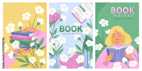 Books with spring decor, bright posters for bookstore, library, sale in bookshop, market.  Woman reading a book. Spring summer floral vector backgrounds. 