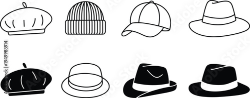 Hat and cap icon set with beret beanie baseball cap and fedora hats, fashion headwear outline and solid vector icons collection