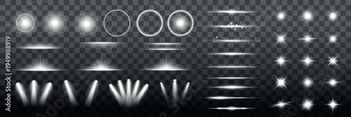 Set of transparent light effects, including beams, glows, and flares. Light effects with beams, glows, and flares on a checkered background. Overlay effect vector element set.