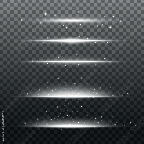 Set of glowing light effects on transparent background. Light effects with sparkles, shining beams, and glowing lines. Perfect for design and decoration. Overlay effect vector element set.