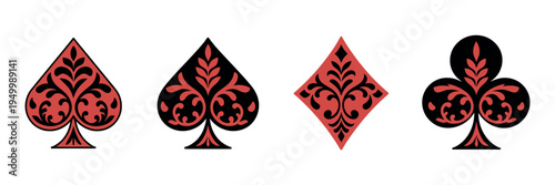 Playing card suit icons with ornate decorative filigree design showing hearts, spades, diamonds and clubs elegant vector illustration