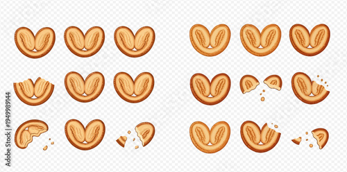 Set of delicious palmiers cookies, whole and broken, isolated on transparent background.