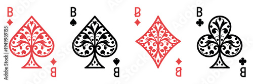 Playing card suit symbols in decorative filigree style with hearts, spades, diamonds and clubs elegant casino themed vector illustration