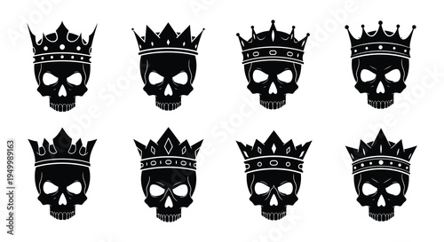 Eight skull illustrations with ornate crowns in a monochrome style