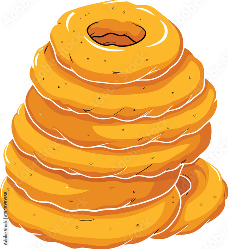 Tall stack of seven cartoon bagels on white background