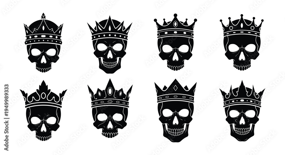 Fototapeta premium Eight skull illustrations with ornate crowns in a monochrome style