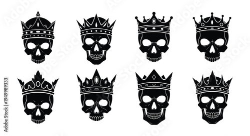 Eight skull illustrations with ornate crowns in a monochrome style