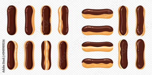 Set of chocolate eclairs with glaze, delicious French dessert pastry.