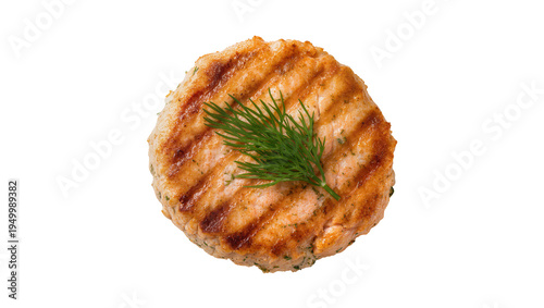 Photography Isolated grilled salmon patty with fresh dill, healthy seafood dish, gourmet fish burger