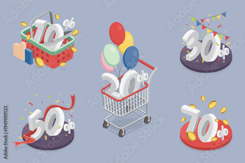 Sale, discount or bonus concept. 10, 20, 30, 50, 70 percent with basket, shopping cart, podium. 3d flat isometric vector illustration for retail promotions and advertising campaigns.