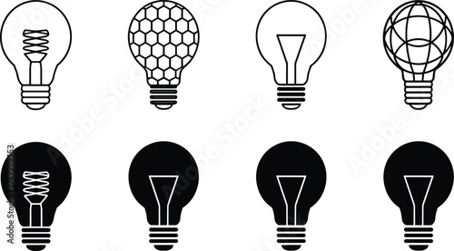 Light bulb idea and technology icon set, creativity innovation energy outline and solid vector icons for bright idea concept design