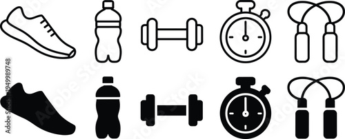 Minimalist fitness equipment icons set, running shoe water bottle dumbbell stopwatch jump rope, sport training workout gym health lifestyle outline silhouette collection