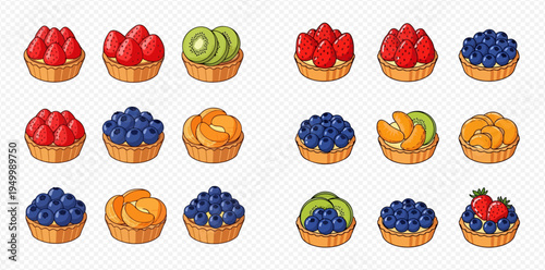 Delicious Assortment of Fruit Tarts and Mini Pies with Berries and Kiwi.