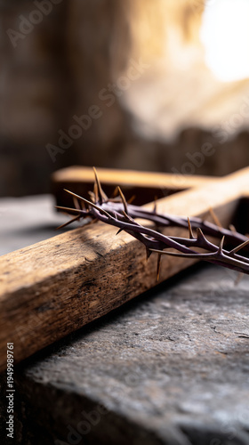 crown of thorns resting beside rustic wooden cross on stone surface, soft window light, dark moody background, symbolic Good Friday concept, professional studio photography