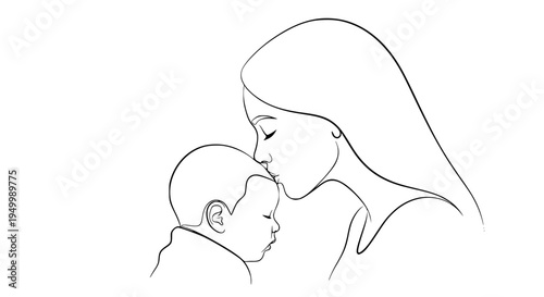 mother kissing baby on forehead, simple line art vector, minimal outline illustration, emotional mothers day concept, clean modern style