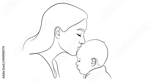 mother kissing baby on forehead, simple line art vector, minimal outline illustration, emotional mothers day concept, clean modern style