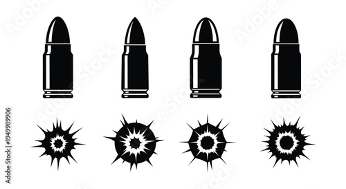 Bullet holes and ammunition depicted in a stark black and white style