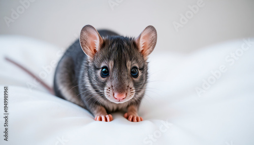 A decorative rat with a neat face, large black beady eyes, and characteristic grey-white fur, photographed close-up against a light background.