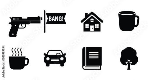 Black silhouettes depict a gun flag house coffee and various objects