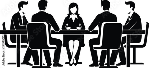 Black business people silhouettes sitting at conference table for office meeting, professional corporate teamwork and leadership discussion flat vector illustration isolated design asset