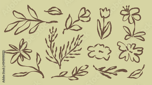 Hand-drawn floral sketches with leaves and flowers. Simple floral designs with brown outlines. Botanical sketches of flowers and leaves on a light background. Hand drawn botanical vector set.