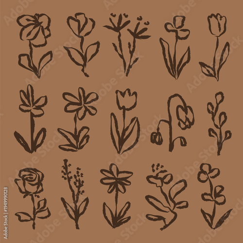 Hand-drawn floral sketches on a brown background. Simple floral designs, black floral outlines, and floral motifs. Elegant floral art, floral patterns. Hand drawn botanical illustrations vector set.