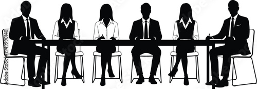 Black business people silhouettes sitting at long conference table for office meeting, professional corporate teamwork leadership and human resources flat vector illustration isolated