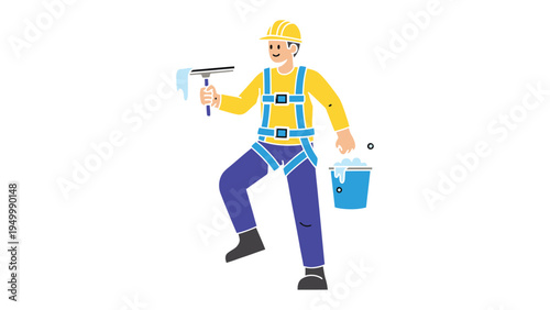 Window Washer at Work: A diligent window washer, equipped with a squeegee and bucket, tackles his task with precision and care, ensuring a spotless view.