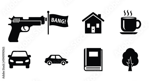 Black silhouettes depict a gun flag house coffee and various objects