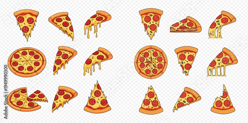 Delicious pepperoni pizza slices and whole pizzas with melting cheese, vector illustration set.
