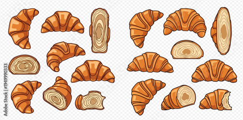 Set of cartoon croissants, whole and cut in half, showcasing the flaky layers of the pastry.