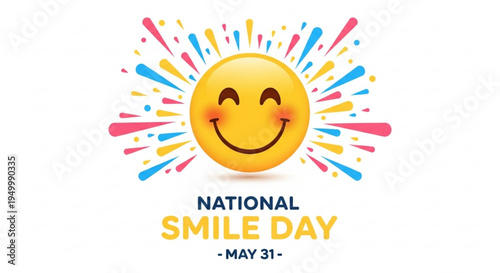 National smile day may 31st smiling yellow emoji with colorful splashes on white background