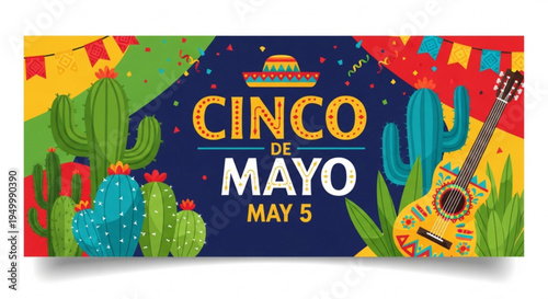 Vibrant cinco de mayo banner with cacti guitar and sombrero on colorful background