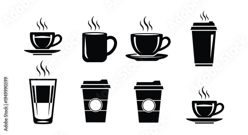 Black and white illustration of six different steaming coffee cups