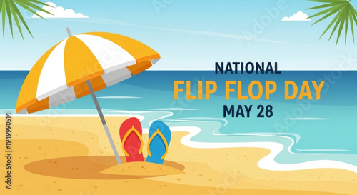 National flip flop day celebration on a sunny beach with colorful flip flops and umbrella