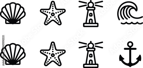 Sea shell starfish lighthouse wave and anchor icon set, ocean nautical outline and solid symbols, marine travel beach vector icons collection