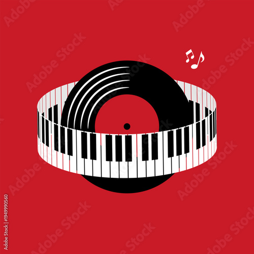 Vinyl record in circle of piano keys. Music icon symbol. Vector illustration