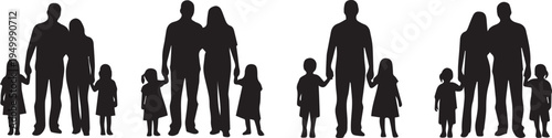 A collection of four distinct black silhouettes depicting various nuclear family units standing together Vector, illustration