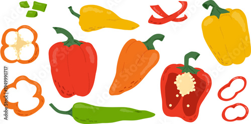 Peper set  with red and yellow bell peppers, chili pepper, green pepper slices and halves. Vegetable set fresh flat vector style on white background. For menus and food labels.