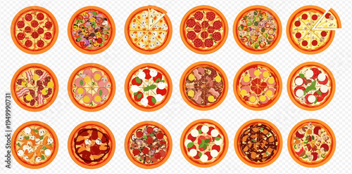 Collection of various delicious pizzas with different toppings, top view on transparent background.